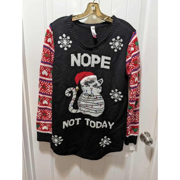 NO BOUNDARIES CHRISTMAS CAT WOMENS SWEATER UGLY CAT SHIRT XL - Picture 1 of 8